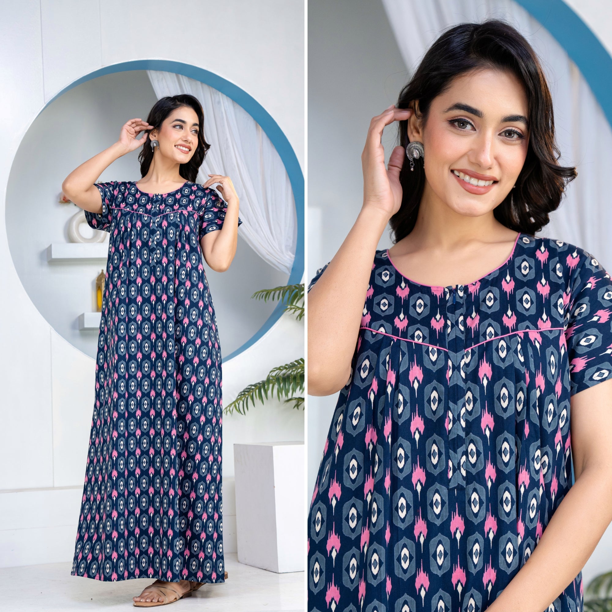 Ikkat Diamond Navy Cotton Printed Nightwear Gowns