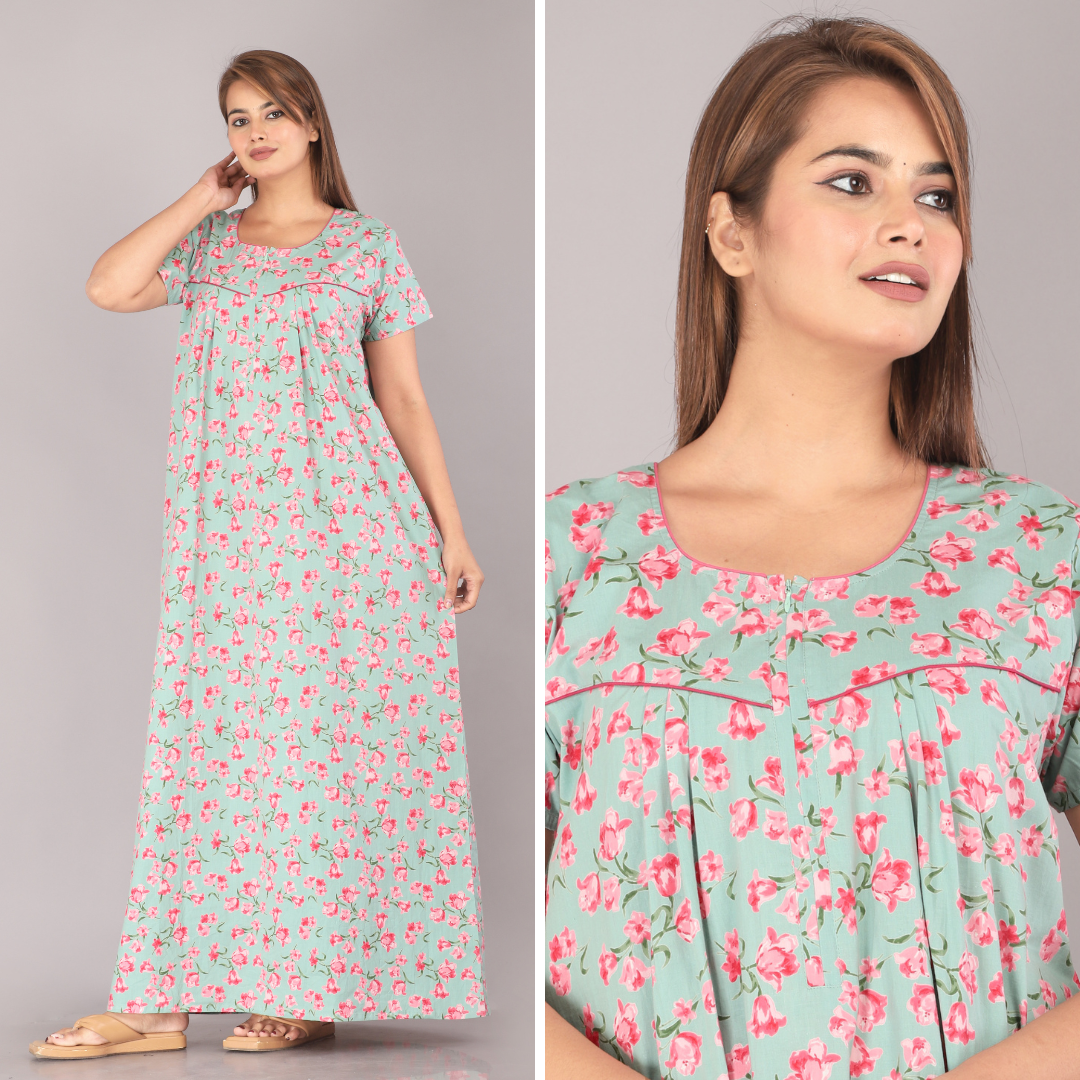 Cherry Blossom Sea Green Cotton Printed Nightwear Gowns