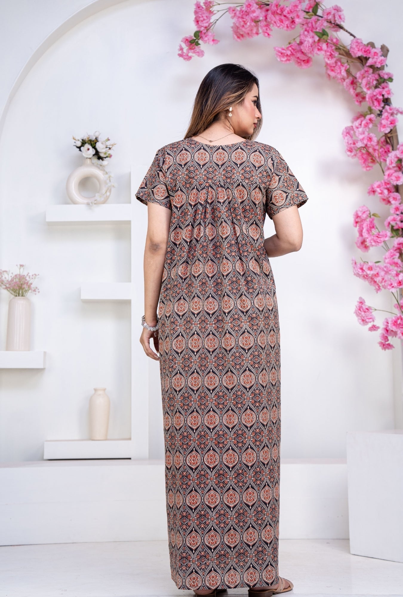 Ajrak Black Cotton Printed Nightwear Gowns