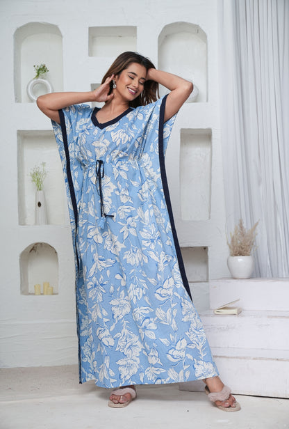 Pastel Flower Sky Blue Loungewear Cotton Kaftan