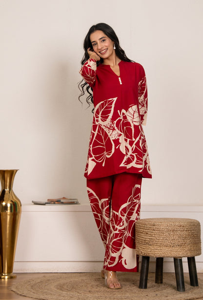 Royal Rhythm Red Printed Cotton Co-ords Set