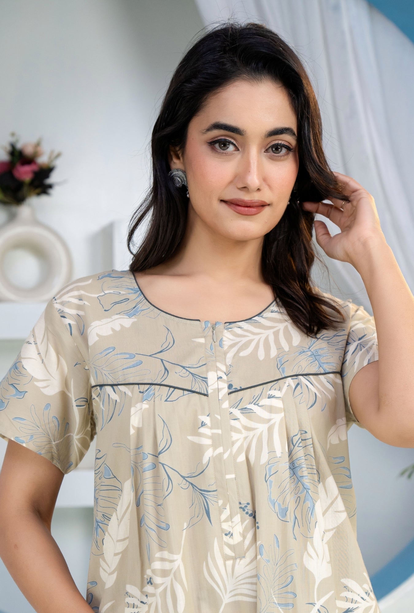 Plum Leaf Grey Cotton Printed Nightwear Gowns