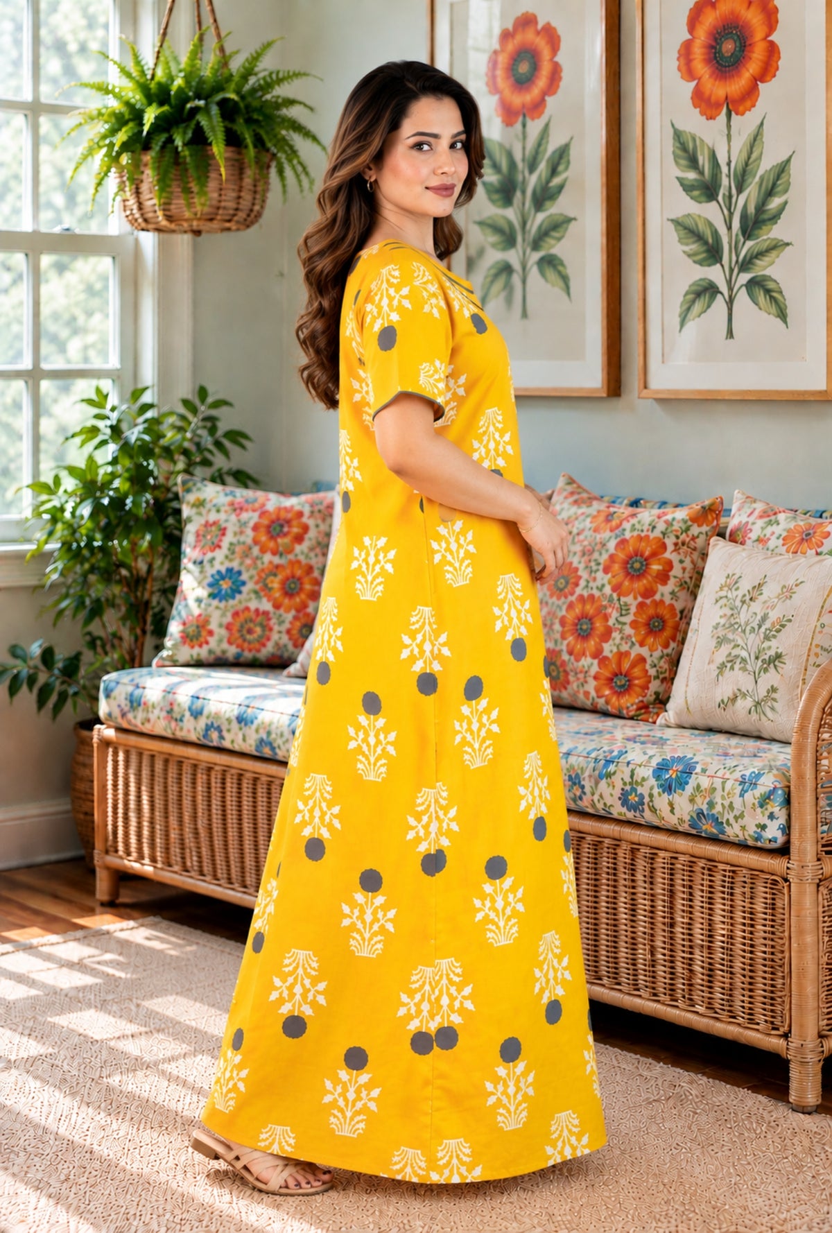 Imperial Bloom Yellow Printed Cotton Night Gown