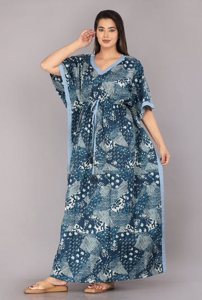 Collage Blue Cotton Loungewear Kaftan