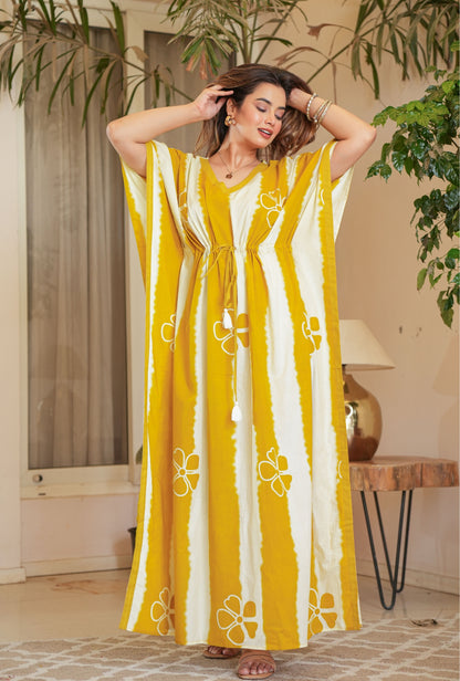 Dream Tie Dye Yellow Loungewear Cotton Kaftan