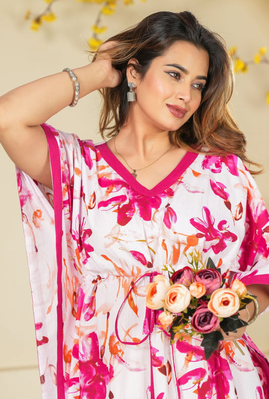 Spray Flower Pink Loungewear Cotton Kaftan