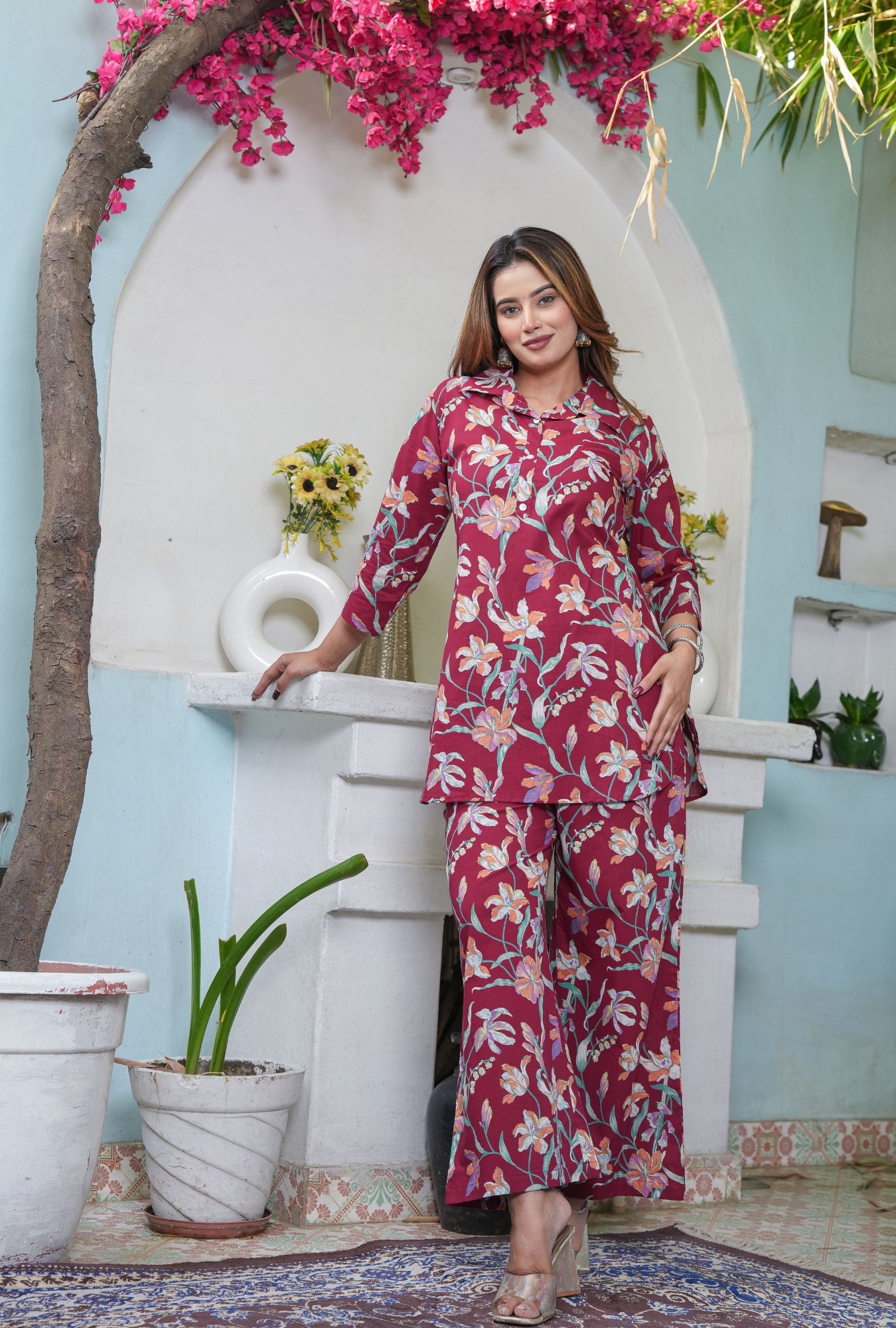 Flora Mode Maroon Cotton Loungewear Co-ords Set