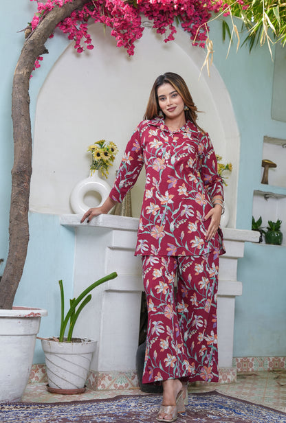 Flora Mode Maroon Cotton Loungewear Co-ords Set