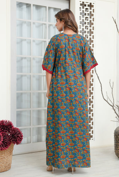 Vivid Blossom Teal Printed Cotton Loungewear Kaftan