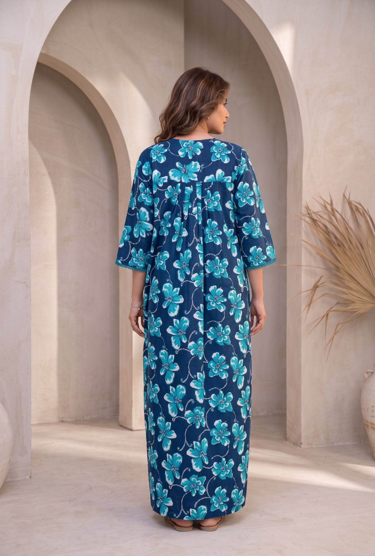 Ocean Bloom Blue Floral Cotton Night Gown