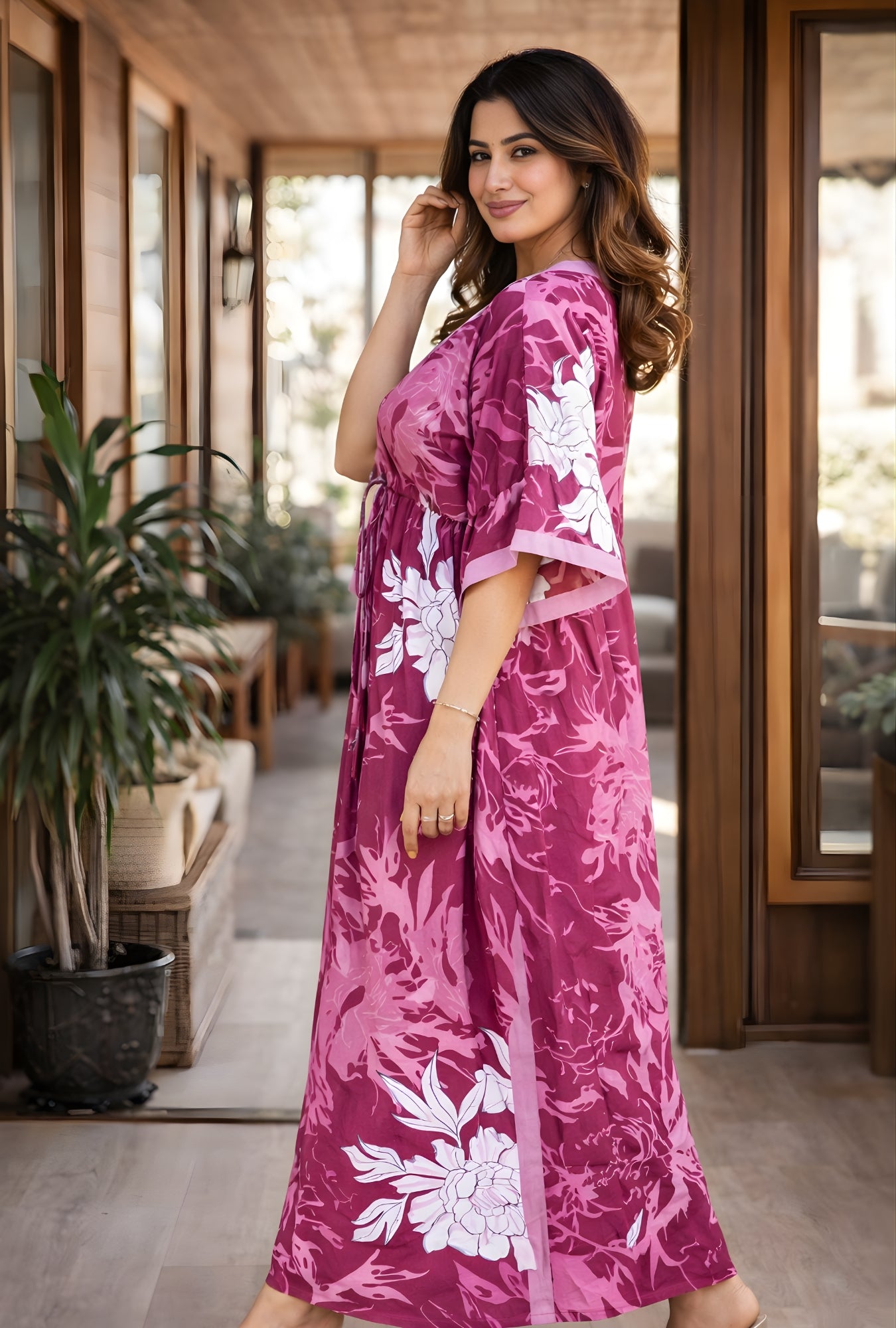 Palm Breeze Pink Loungewear Cotton Kaftan