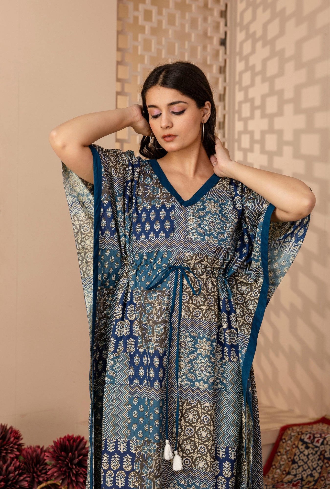 Wanderlust Blue Printed Cotton Loungewear Kaftan