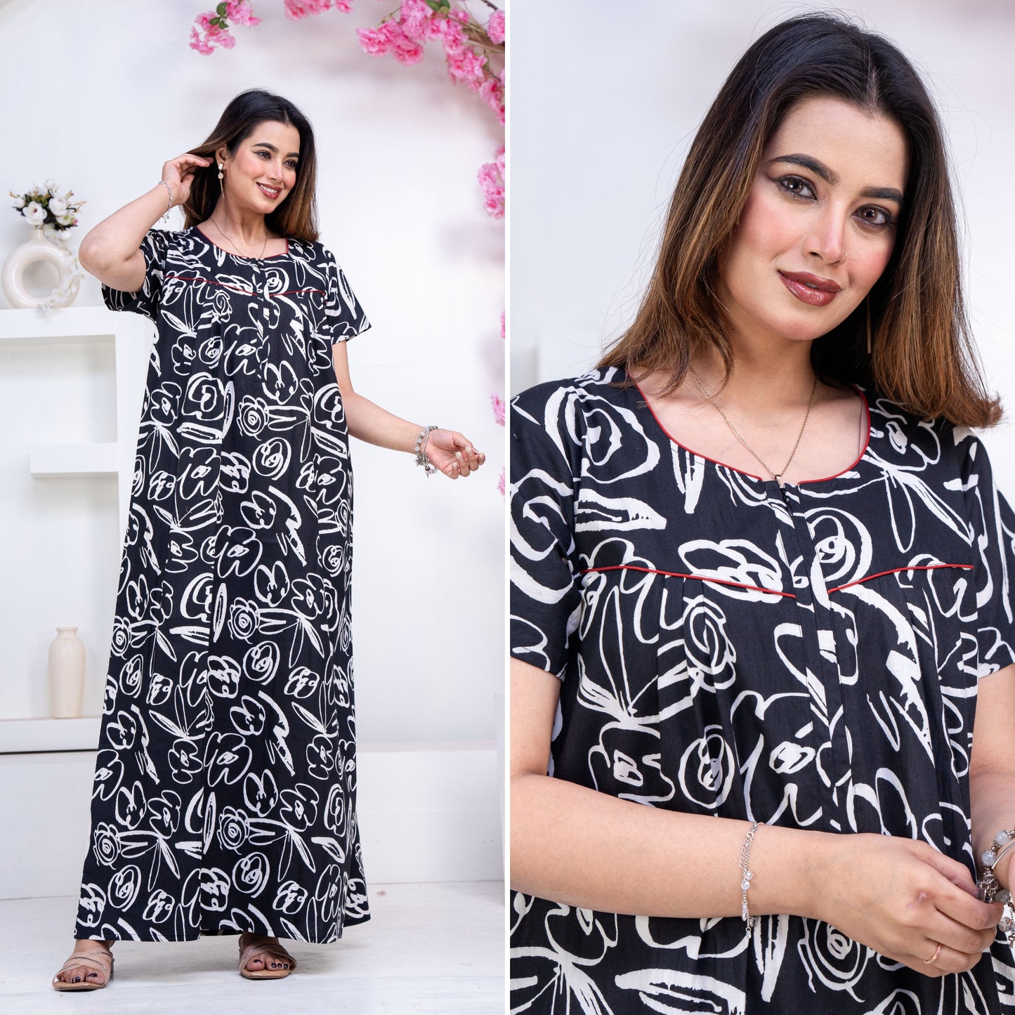 Doodle Black Cotton Printed Nightwear Gowns