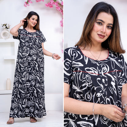 Doodle Black Cotton Printed Nightwear Gowns