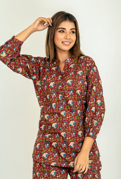 Kalamkari Maroon Cotton Loungewear Co-ords Set