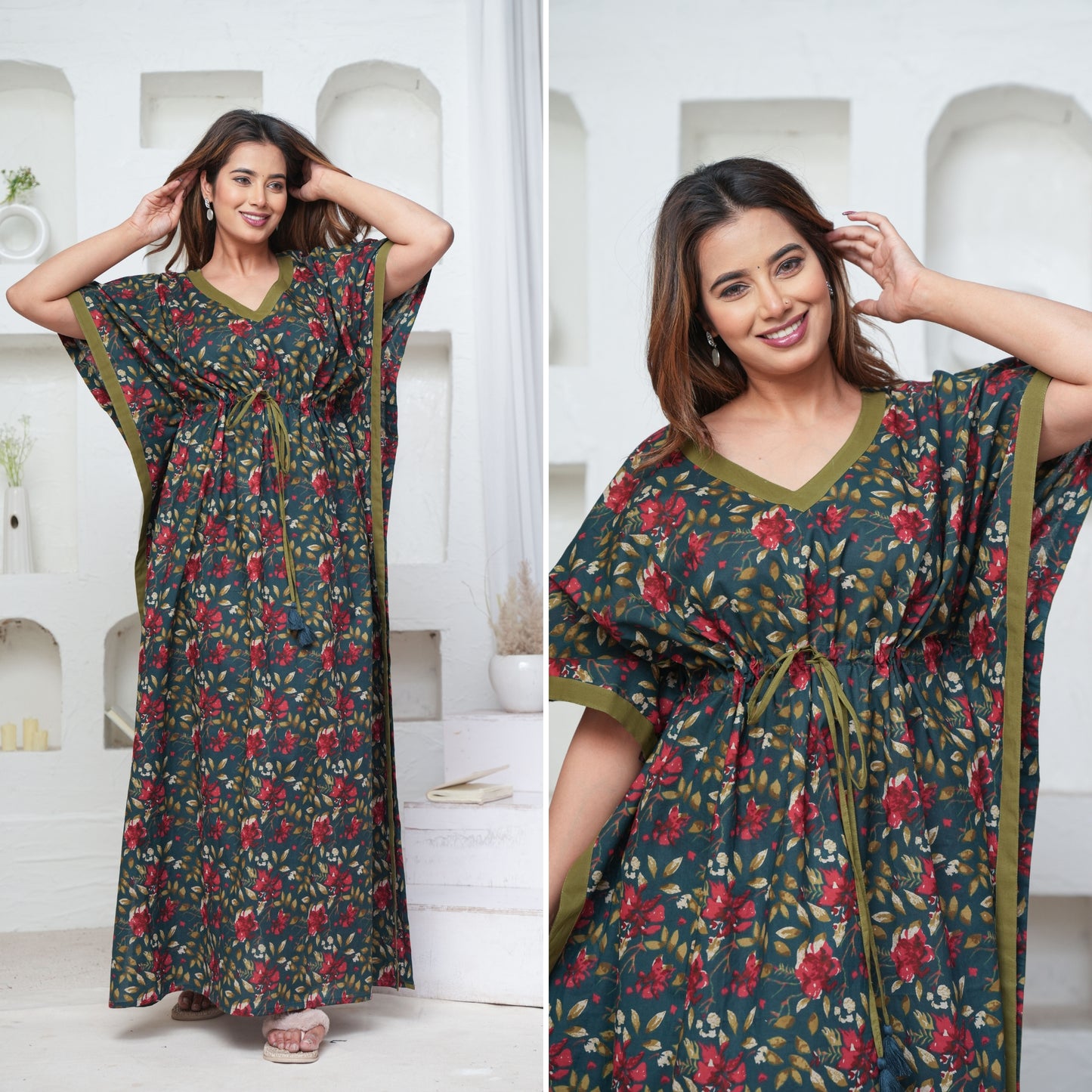 Petal Dance Teal Loungewear Cotton Kaftan