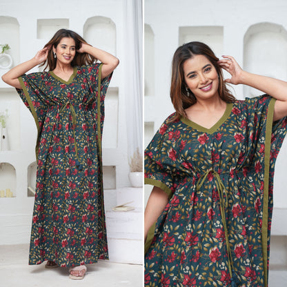 Petal Dance Teal Loungewear Cotton Kaftan