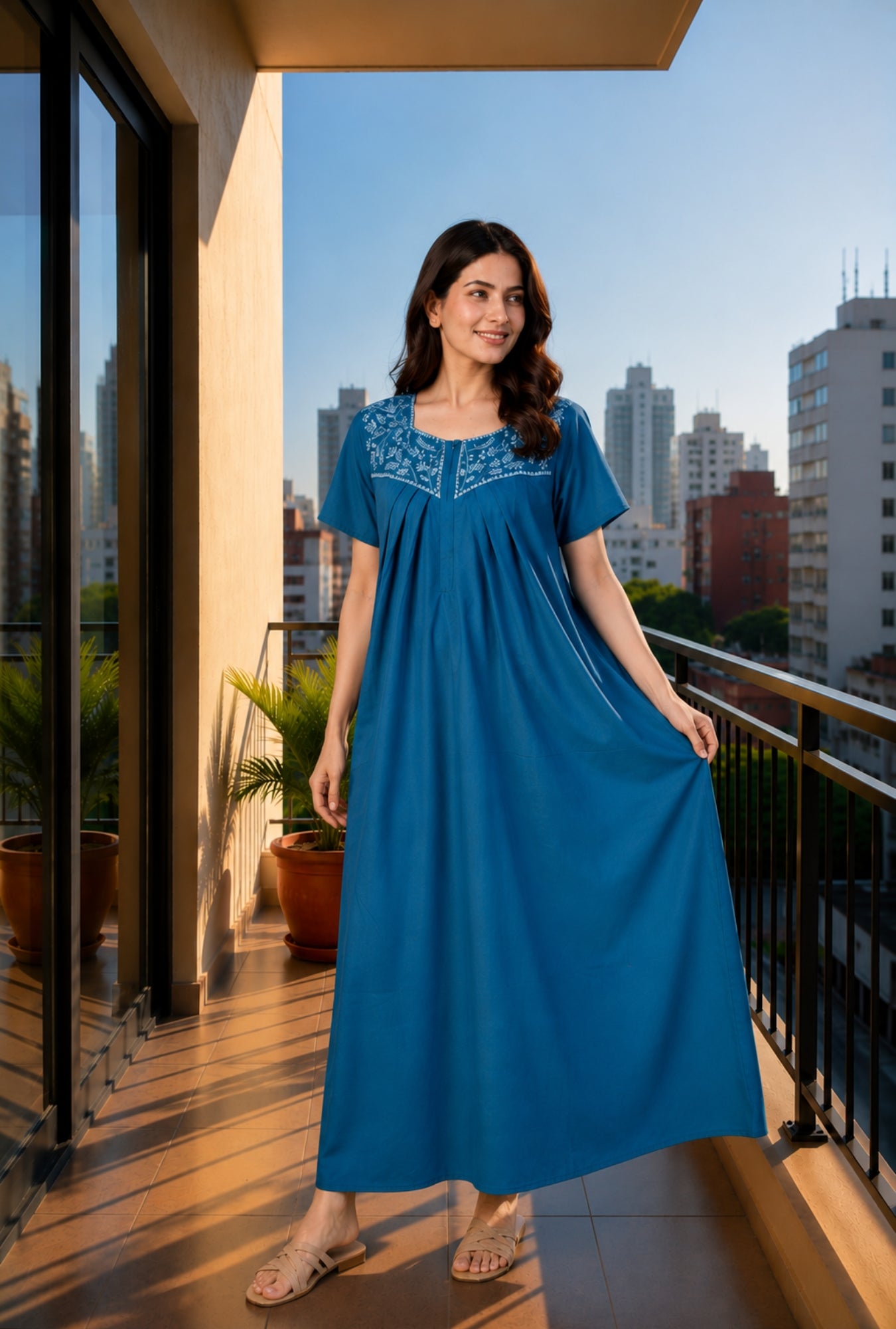 Crimson Bloom Teal Embroidery Yoke Cotton Night Gown