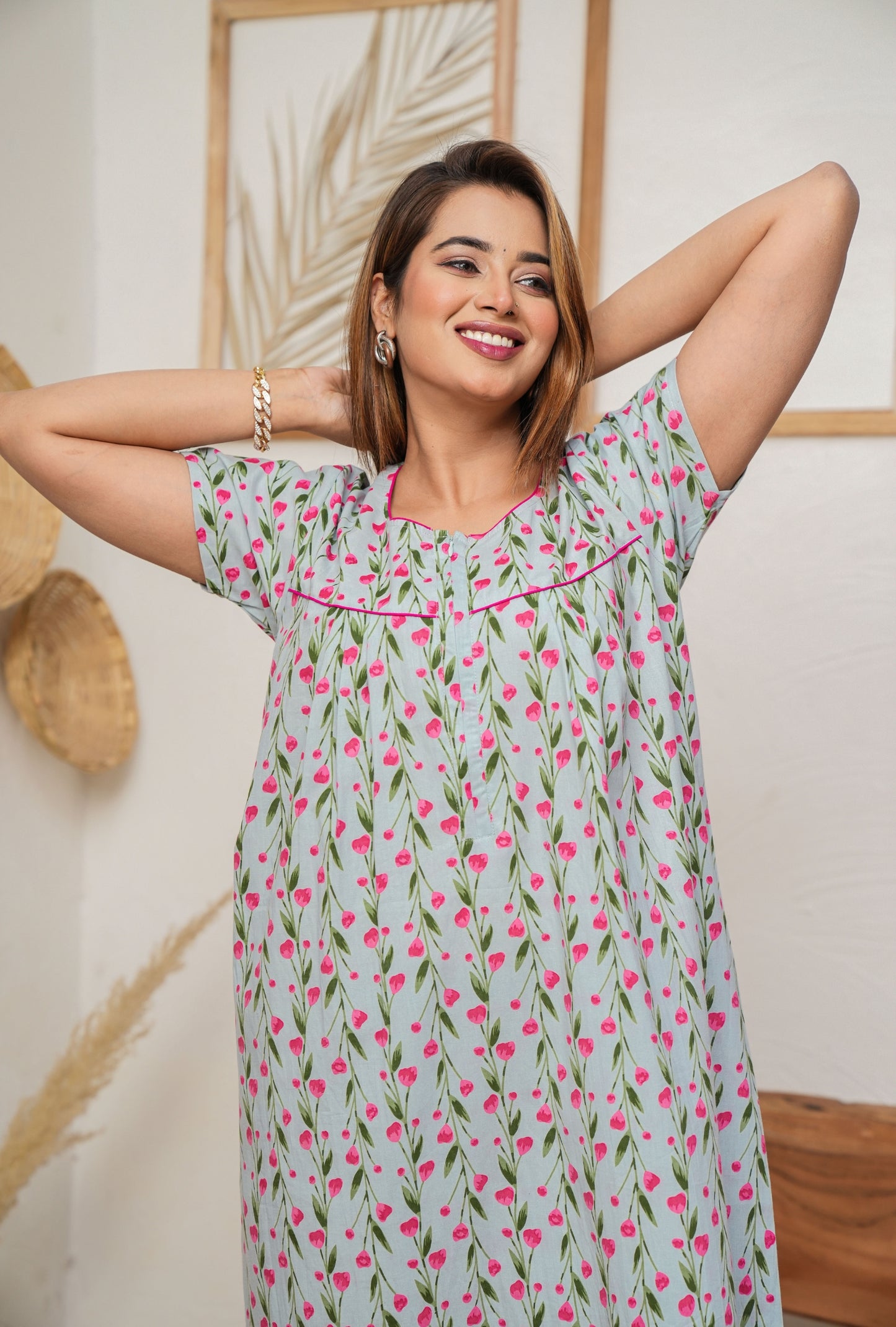 Lily Beil Grey Cotton Printed Nightwear Gowns