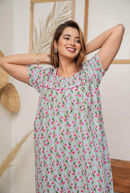 Lily Beil Grey Cotton Printed Nightwear Gowns