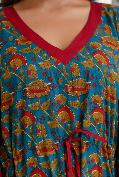 Vivid Blossom Teal Printed Cotton Loungewear Kaftan