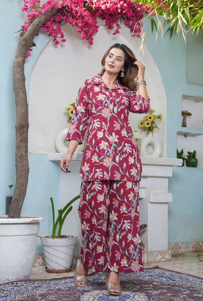 Flora Mode Maroon Cotton Loungewear Co-ords Set
