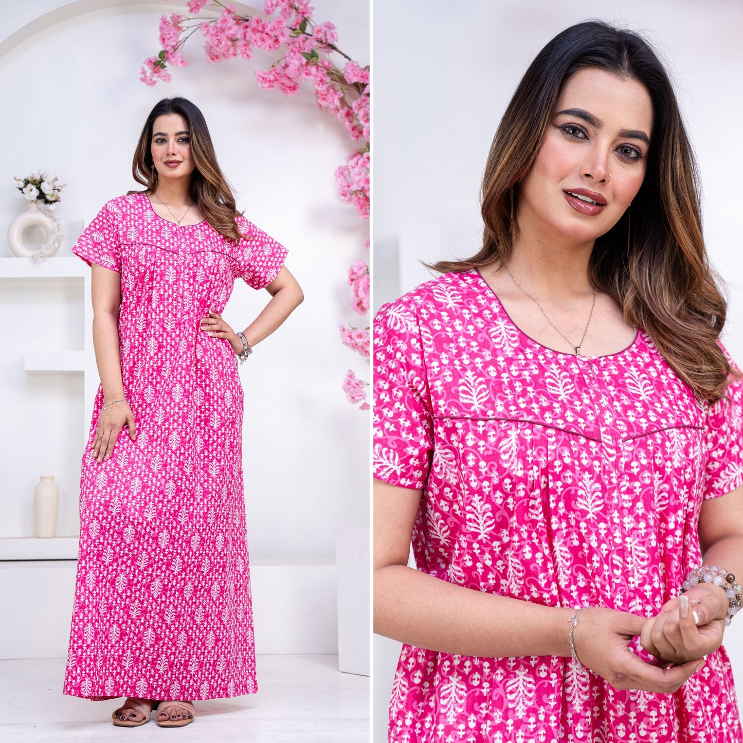 Fern Pink Cotton Printed Nightwear Gowns