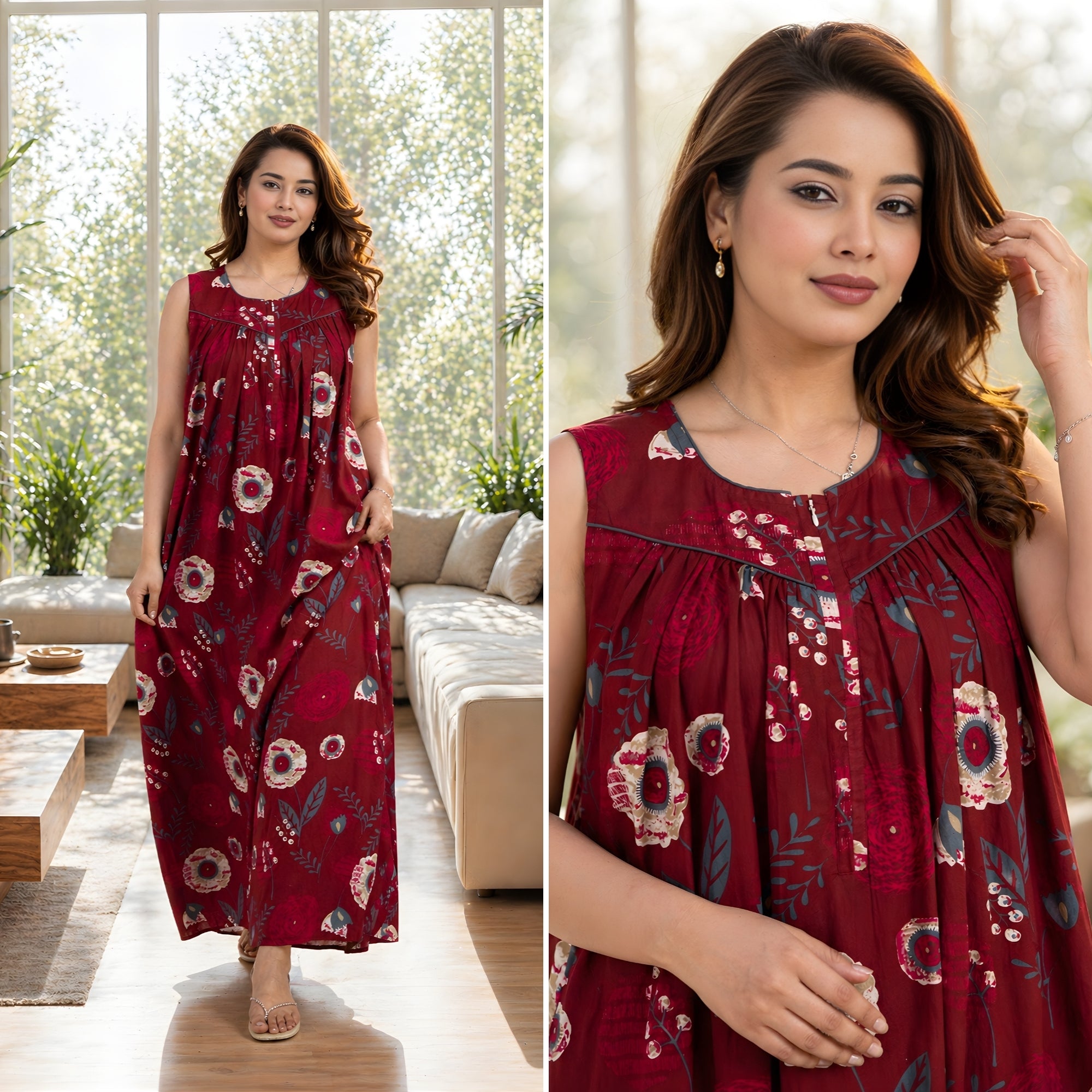 Ruby Petal Maroon Cotton Night Gown