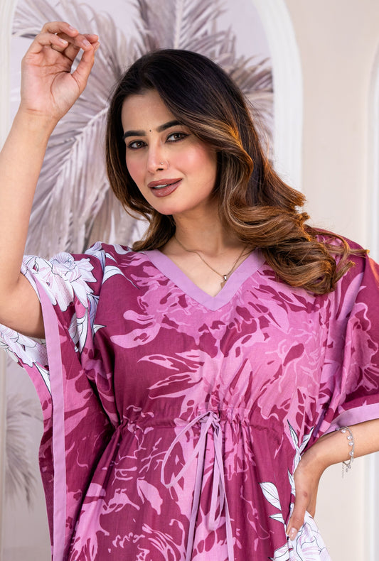 Palm Breeze Pink Loungewear Cotton Kaftan