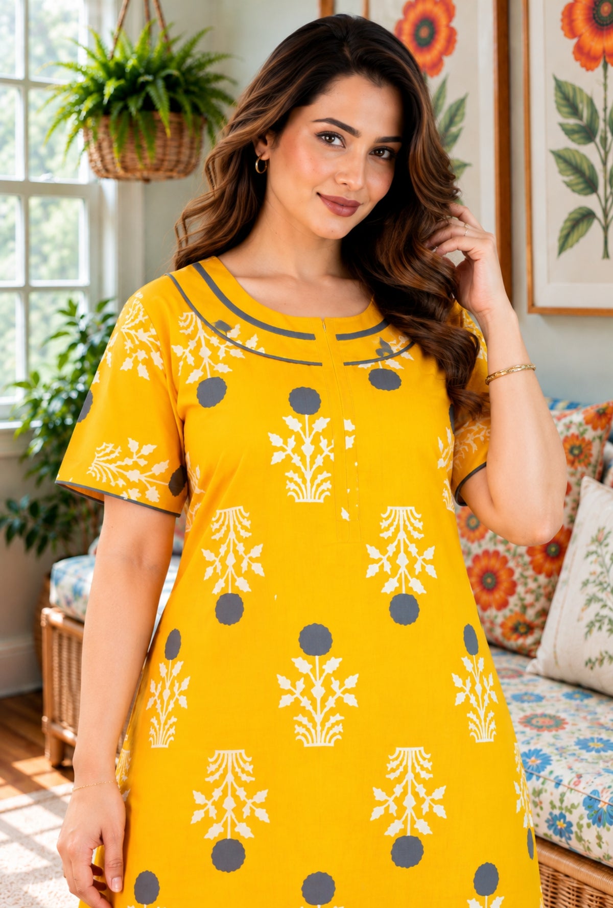 Imperial Bloom Yellow Printed Cotton Night Gown