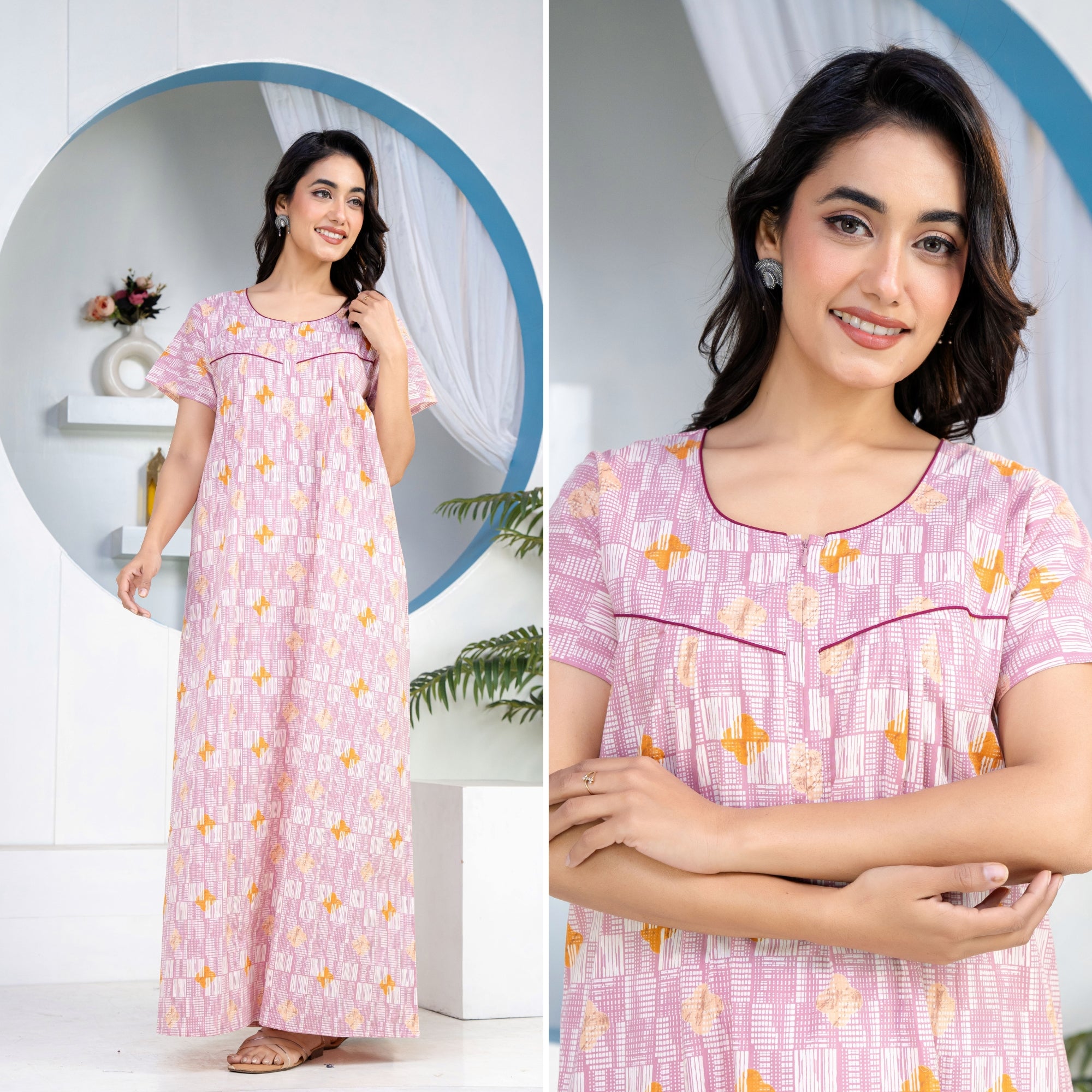 Grid Buta Mauve Cotton Printed Nightwear Gowns