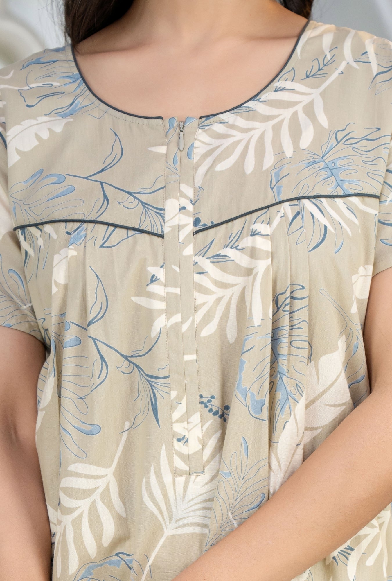 Plum Leaf Grey Cotton Printed Nightwear Gowns