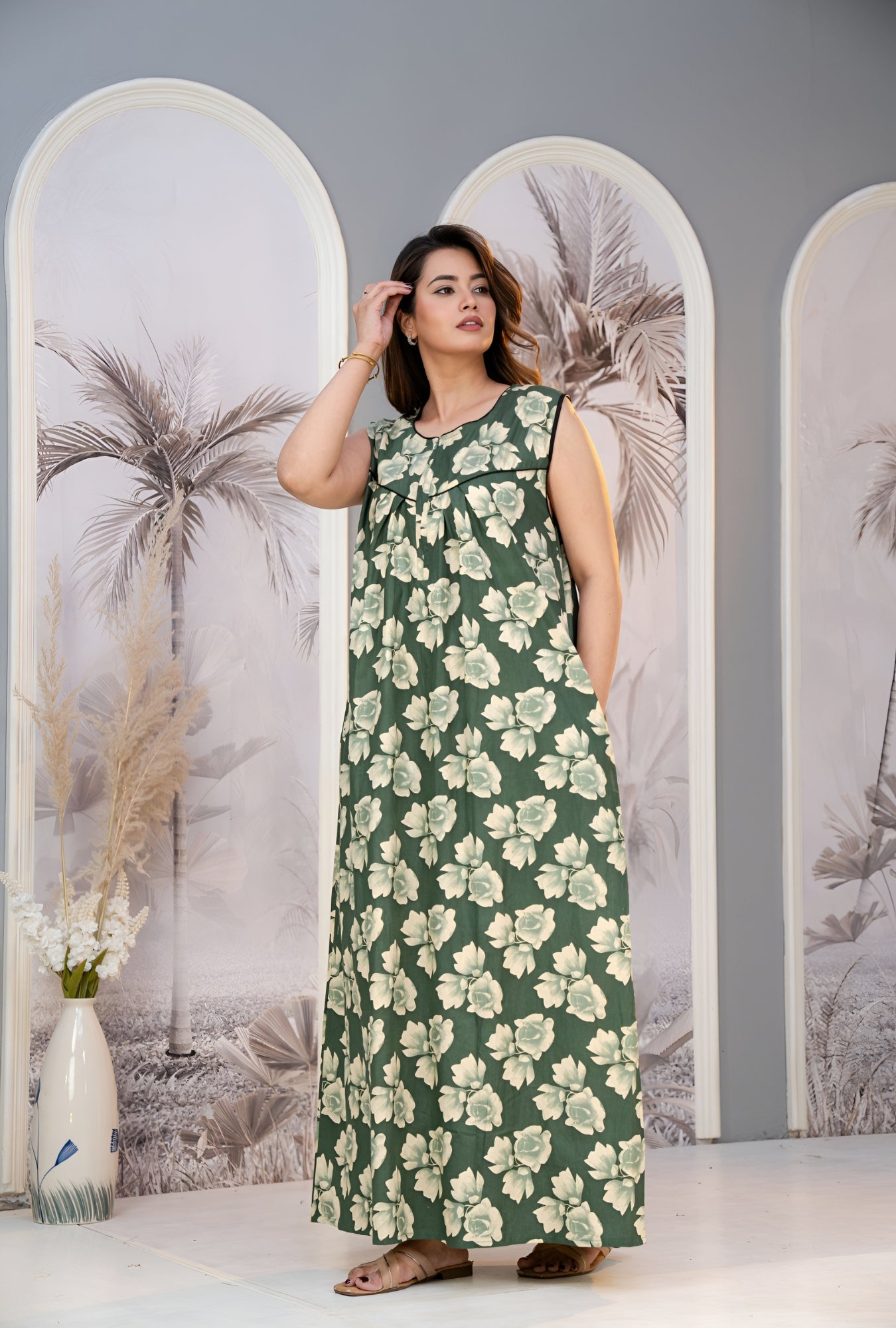 Evergreen Bloom Sleeveless Cotton Night Gown