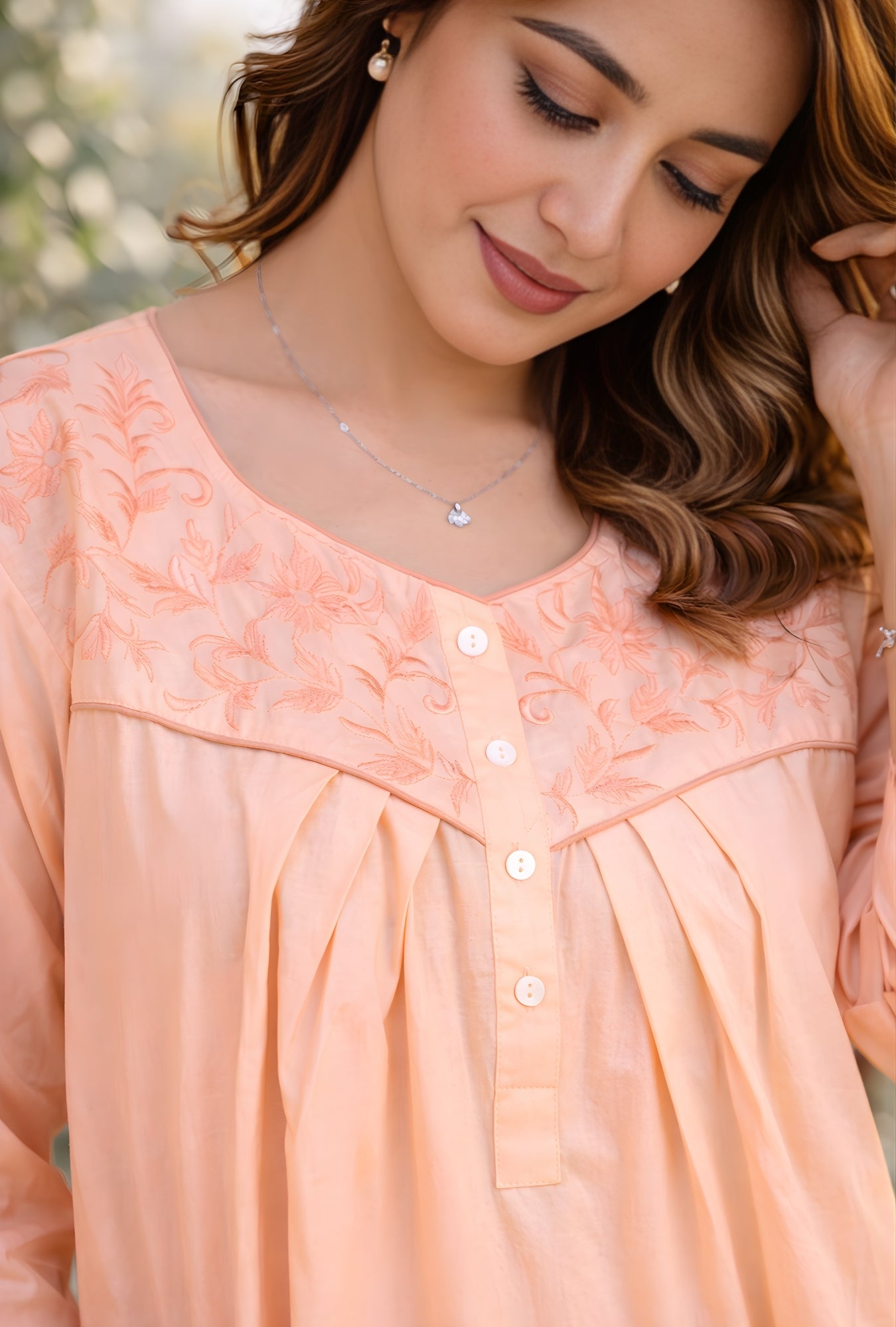 Peach Blossom Floral Yoke Cotton Night Gown