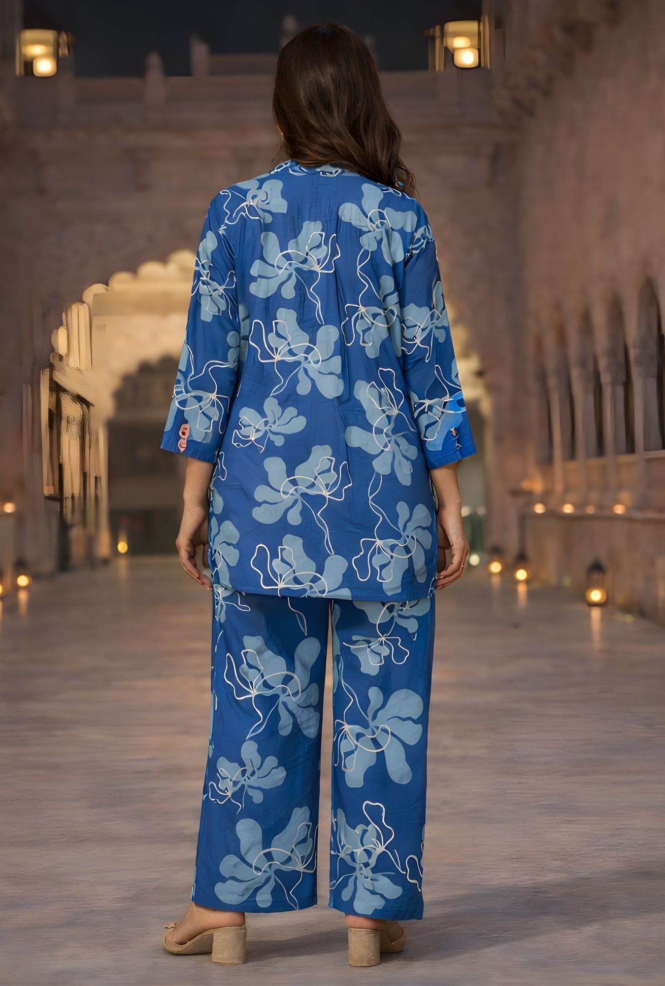 GeoLuxe Sky Blue Printed Cotton Co-ords Set