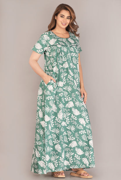 Pine Leaf Green Cotton Printed Nightwear Gowns