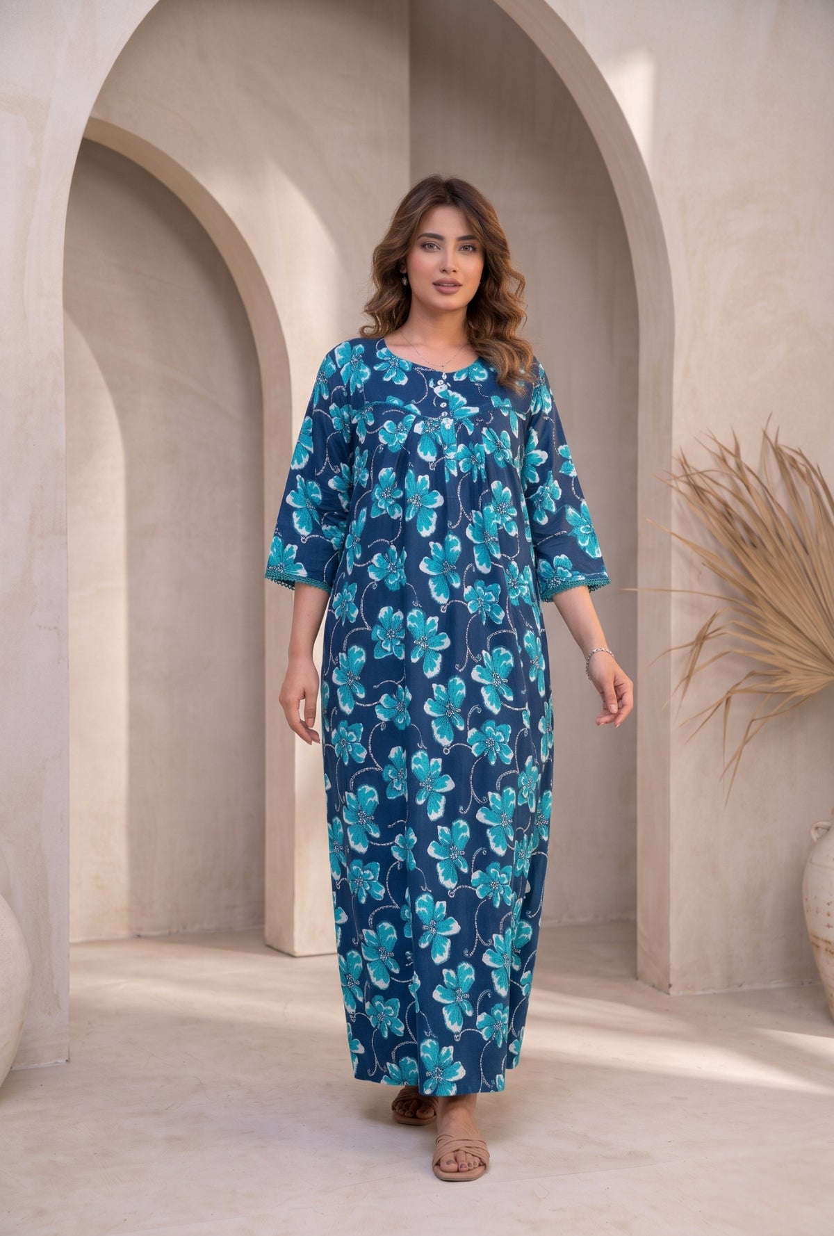 Ocean Bloom Blue Floral Cotton Night Gown