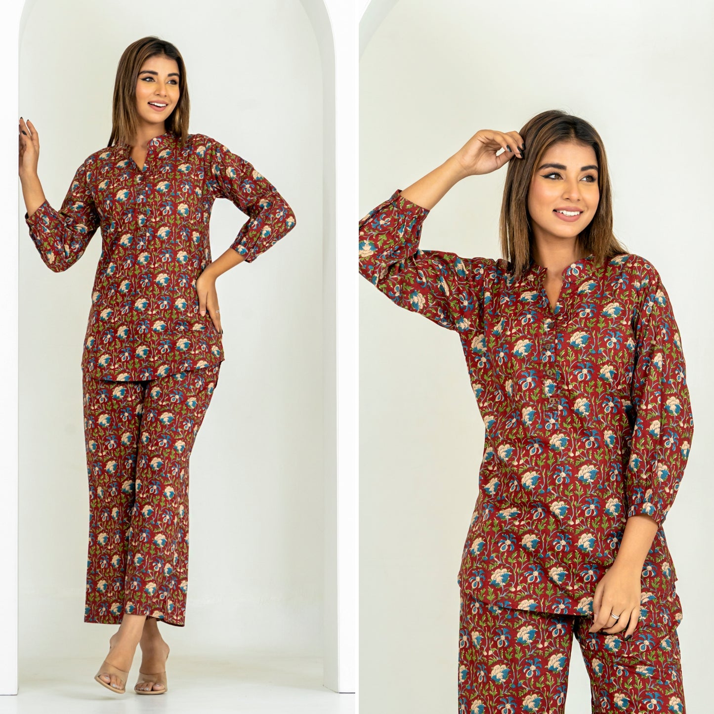 Kalamkari Maroon Cotton Loungewear Co-ords Set