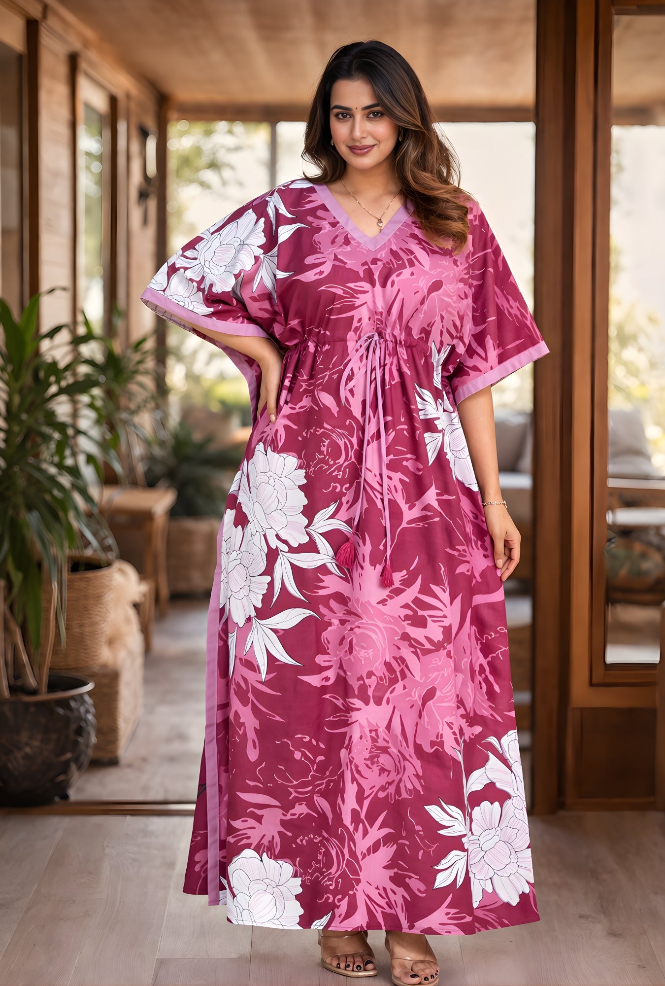 Palm Breeze Pink Loungewear Cotton Kaftan