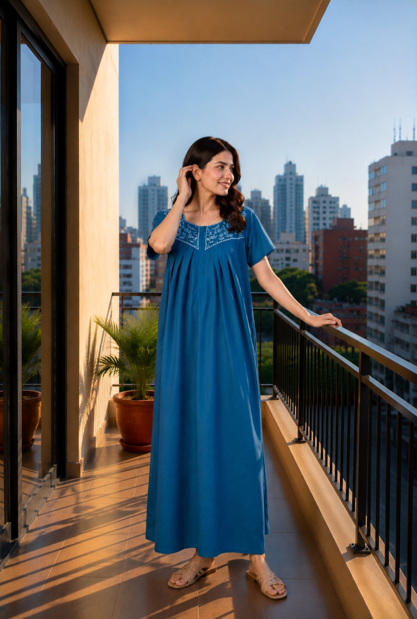 Crimson Bloom Teal Embroidery Yoke Cotton Night Gown