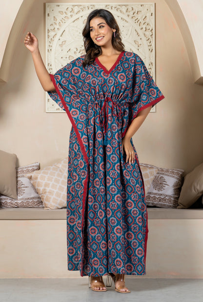 Maharani Motif Blue Cotton Loungewear Kaftan