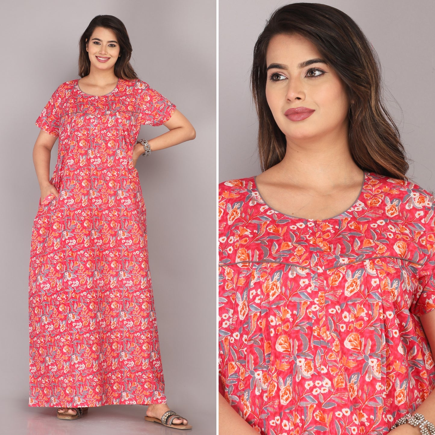 Petal Flora Pink Cotton Printed Nightwear Gowns