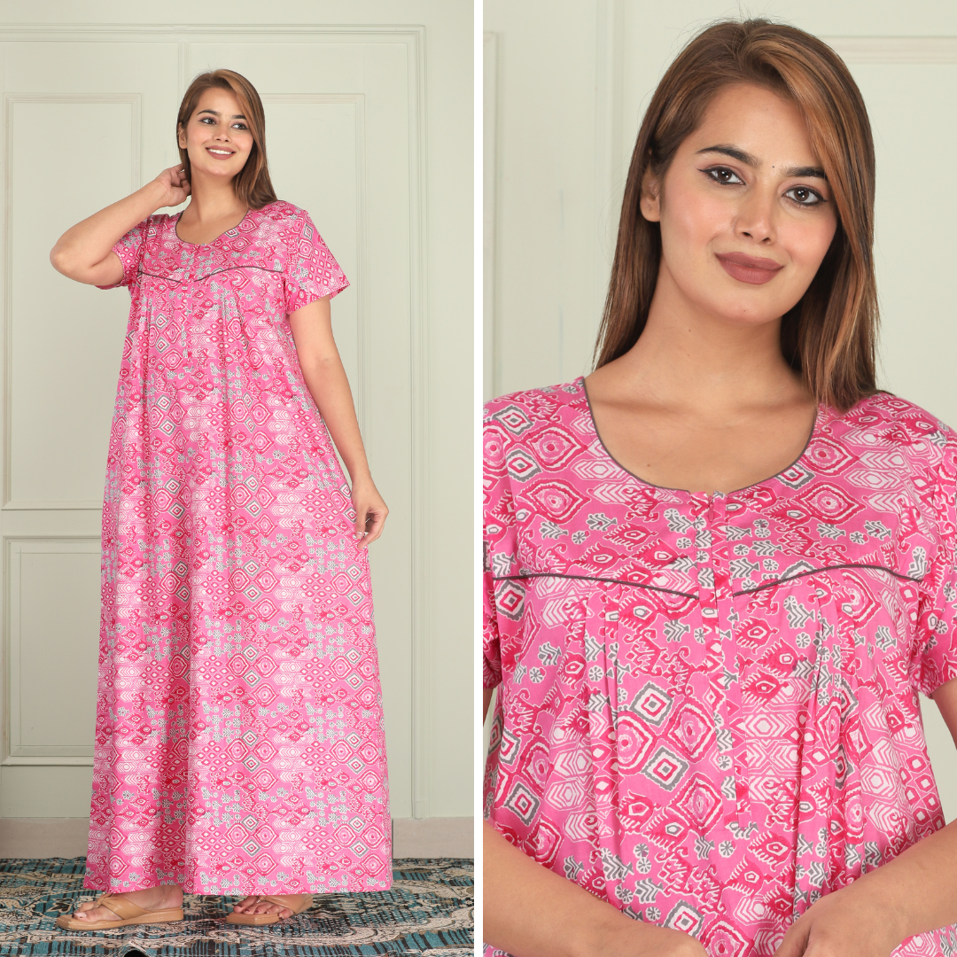 Hand Block Pink Cotton Printed Nightwear Gowns