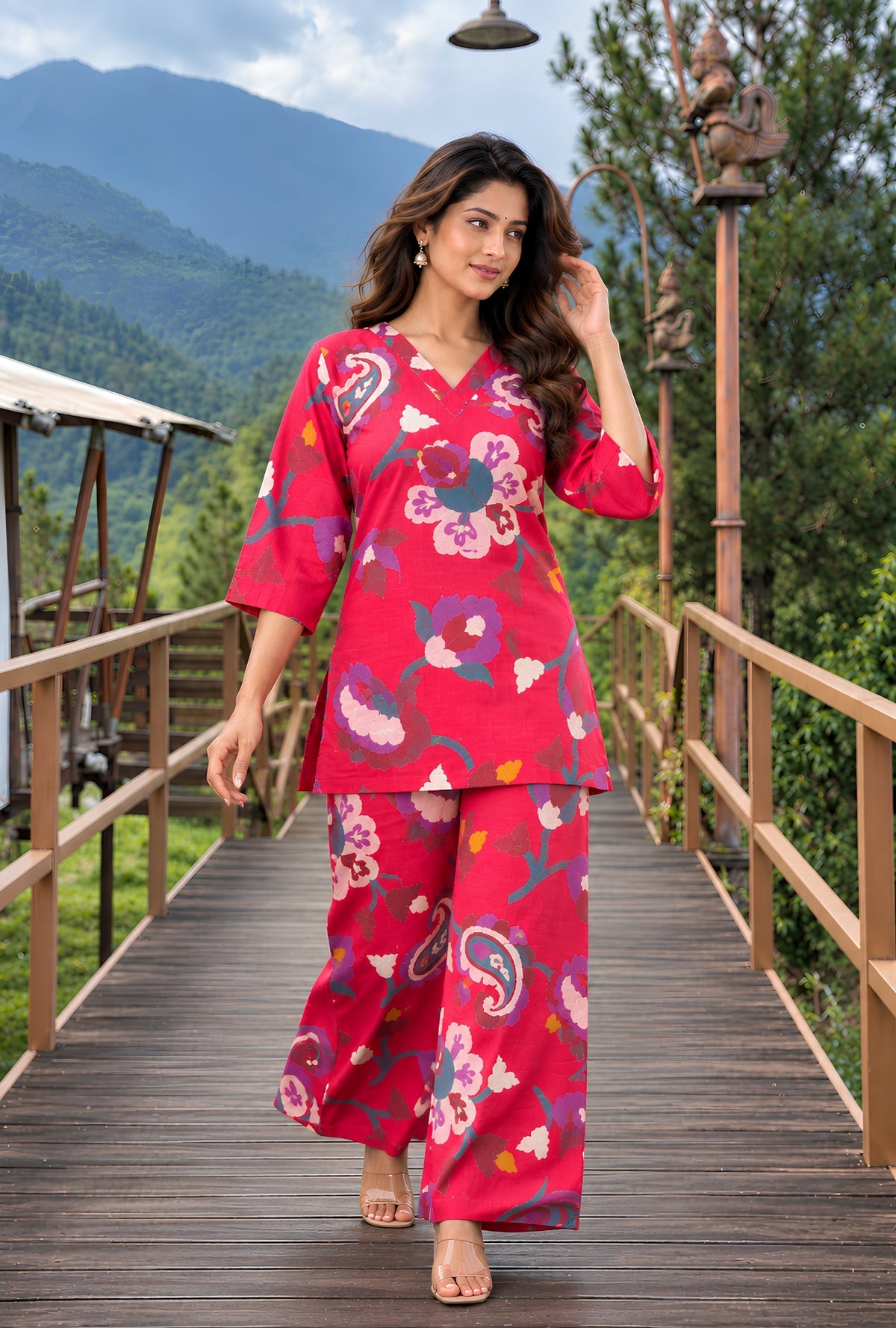 Sapphire Jardin Rani Pink Printed Cotton Co-ords Set
