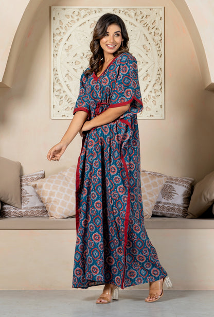 Maharani Motif Blue Cotton Loungewear Kaftan