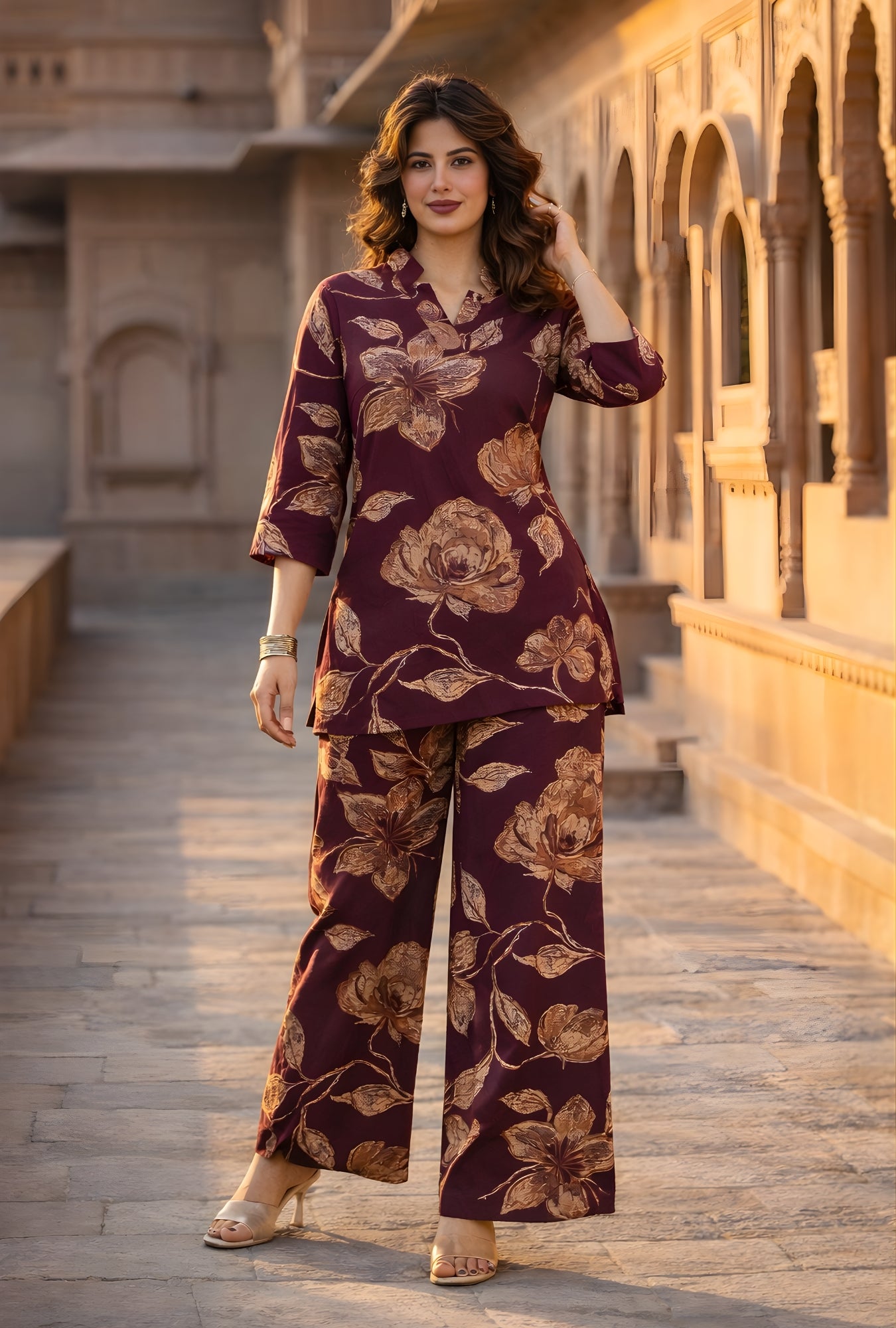 Botanic Muse Maroon Printed Cotton Co-ords Set