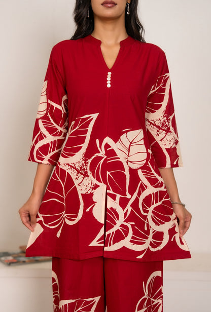 Royal Rhythm Red Printed Cotton Co-ords Set