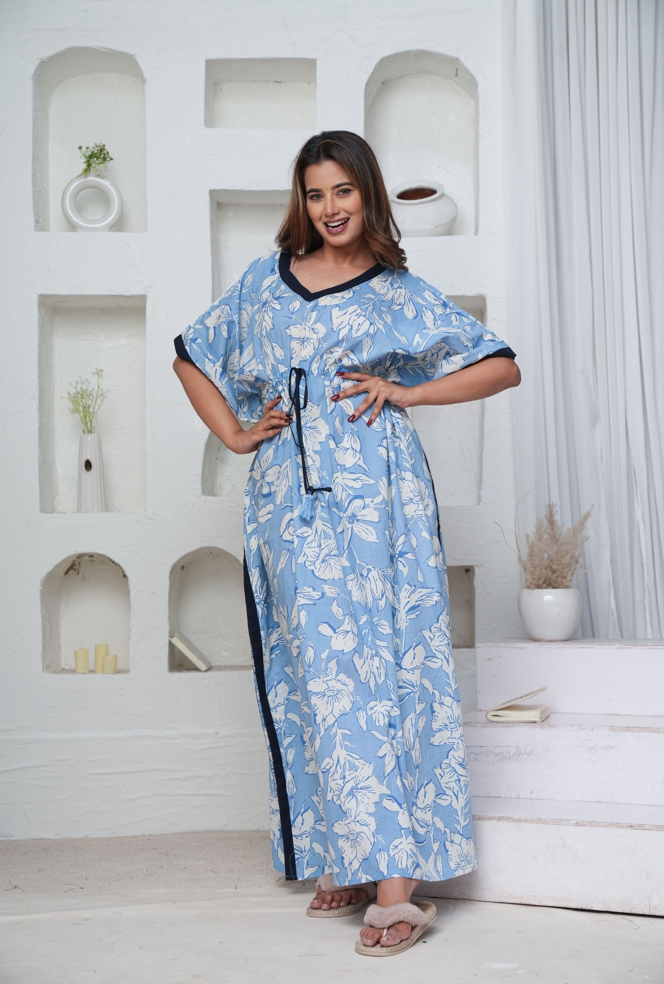 Pastel Flower Sky Blue Loungewear Cotton Kaftan