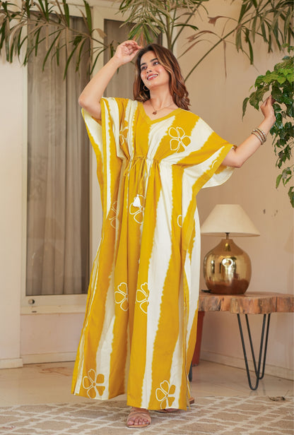 Dream Tie Dye Yellow Loungewear Cotton Kaftan