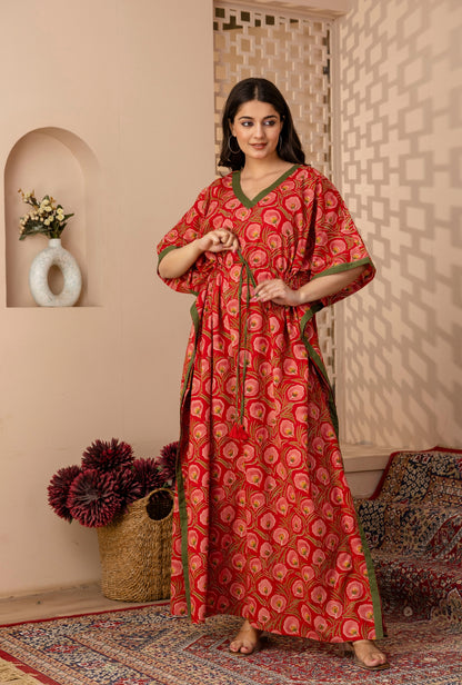 Neo Ethnic Red Printed Cotton Loungewear Kaftan